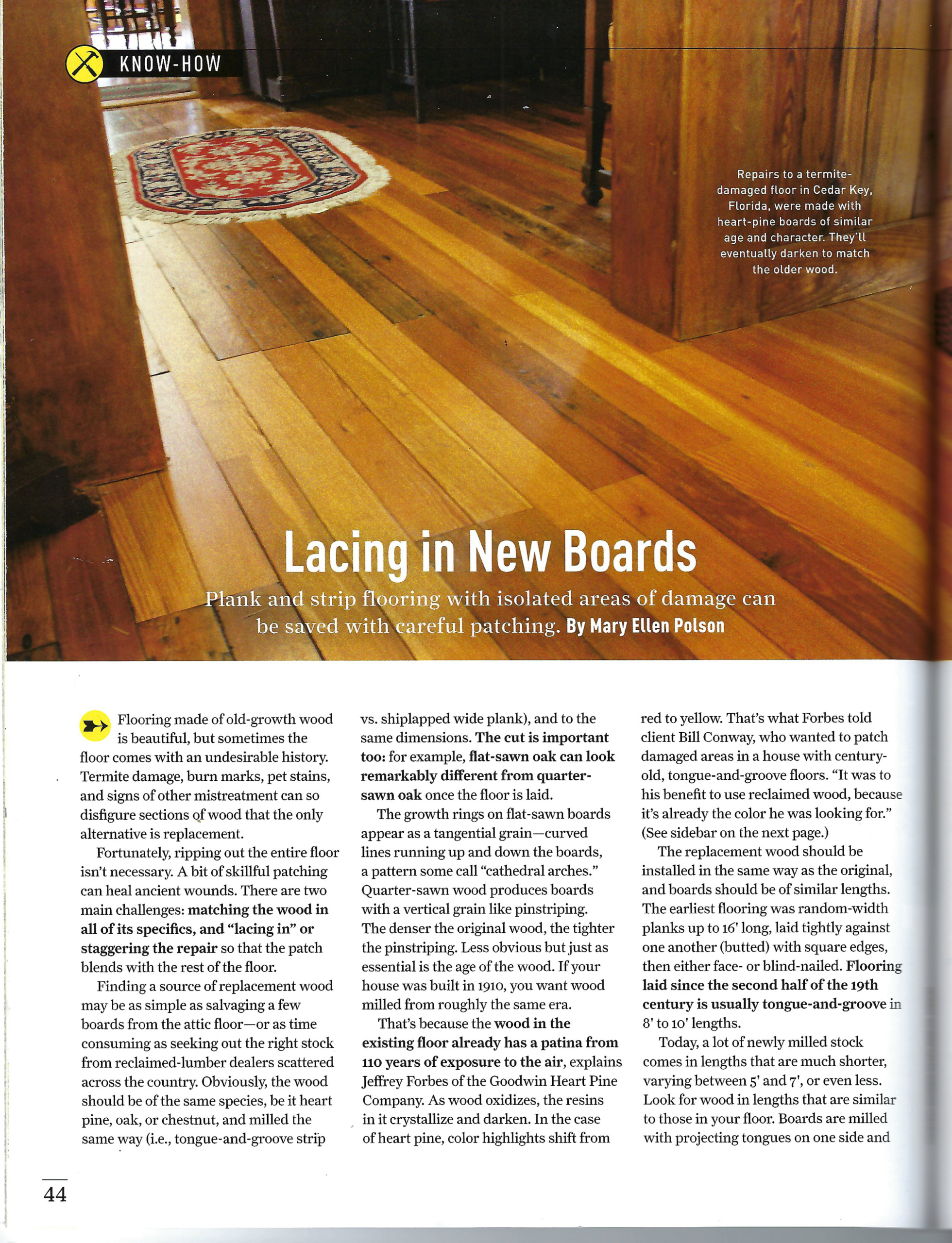 Finding Replacement Boards for Your Old Wood Floors. Old House Journal Lacing in New Boards.